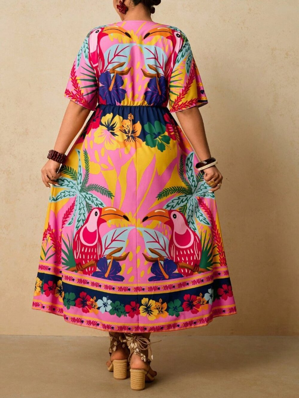 Multicolor Boho Women's Plus Size Tropical Print V-Neck Short Sleeve maxi Dress - Picture 2 of 7
